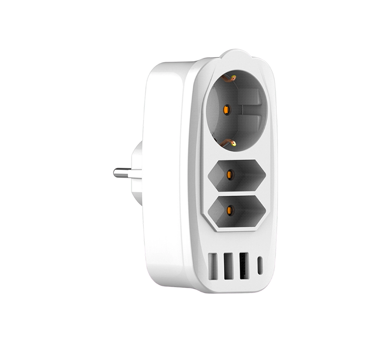 E06 Plug-in multi-function power strip featuring 2 European Type C sockets, 1 European Type F socket, 3 USB-A ports, and 1 USB-C port
