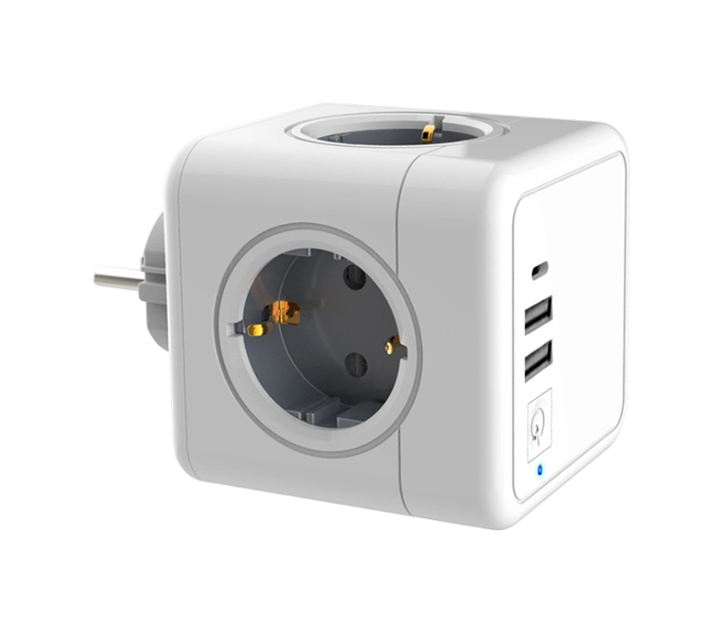 E02C Plug-in Cube Power Strip with 4 Euro-Style Outlets, 2 USB-A Ports, and 1 USB-C port