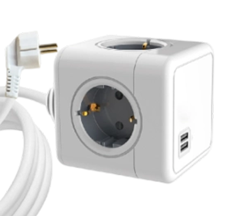 E04A Wired Cube Power Strip With 4 European-Style Outlets and 2 USB-A Ports