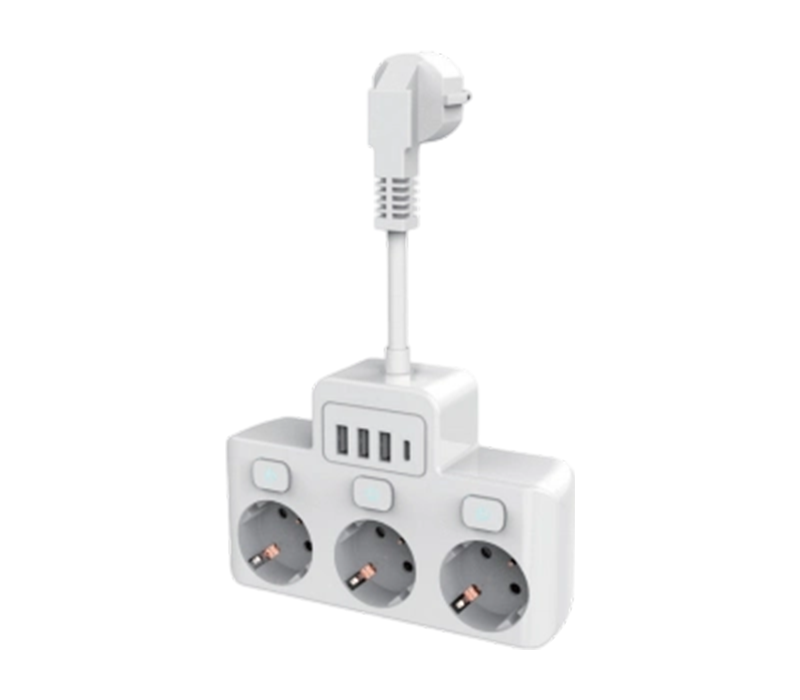 E14 Wired Power Strip with 3 European-Style Outlets, 3 USB-A Ports, And 1 USB-C Port, With Independent Switch
