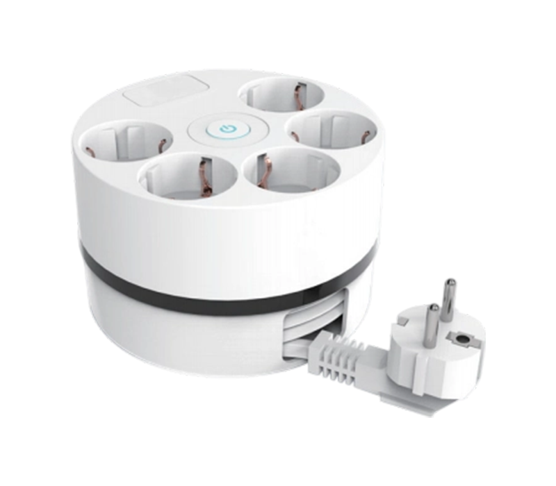 E17 Cable Reel Power Strip with Retractable Cord, 5 European-Style Outlets, Switch Included