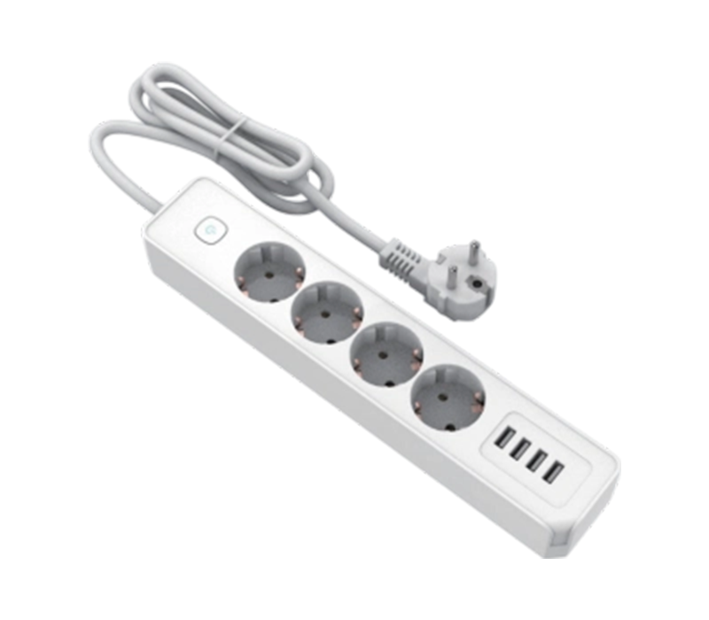 E22-4 European-Style Power Strip with 4 Outlets, And 4 USB-A Ports, Switch Included