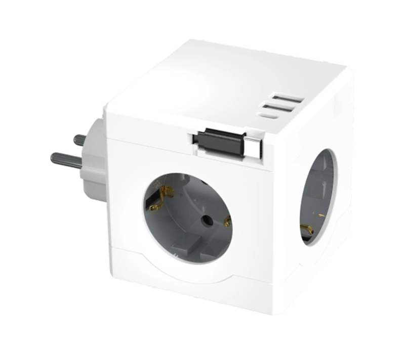 E15-D Plug-in Cube Power Strip with 3 European-Style Outlets, 2 USB-A Ports, and 1 USB-C Port, Featuring a Retractable Charging Cable