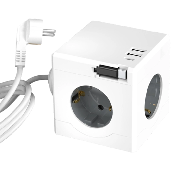 E16-D Wired Cube Power Strip with 3 European-Style Outlets, 2 USB-A Ports, and 1 USB-C Port, Featuring A Retractable Charging Cable