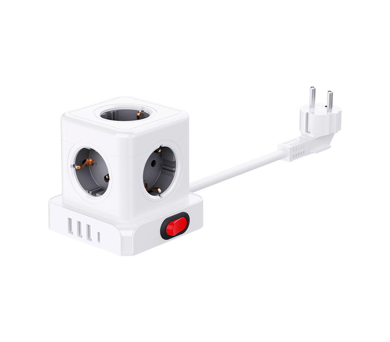 E23 Wired Cube Power Strip With 5 European-Style Outlets, 3 USB-A Ports, And 1 USB-C Port, With Switch